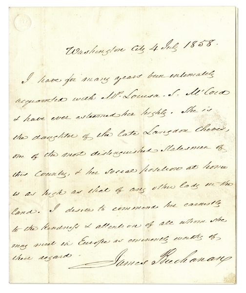 James Buchanan Autograph Letter Signed as President on July 4, 1858 -- Buchanan Vouches for Antebellum Author Louisa McCord as She Travels to Europe